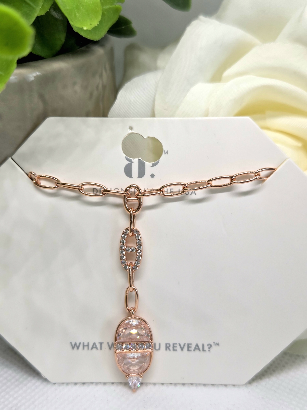 BP Rose Gold Diamond CZ Pendant Drop Necklace
